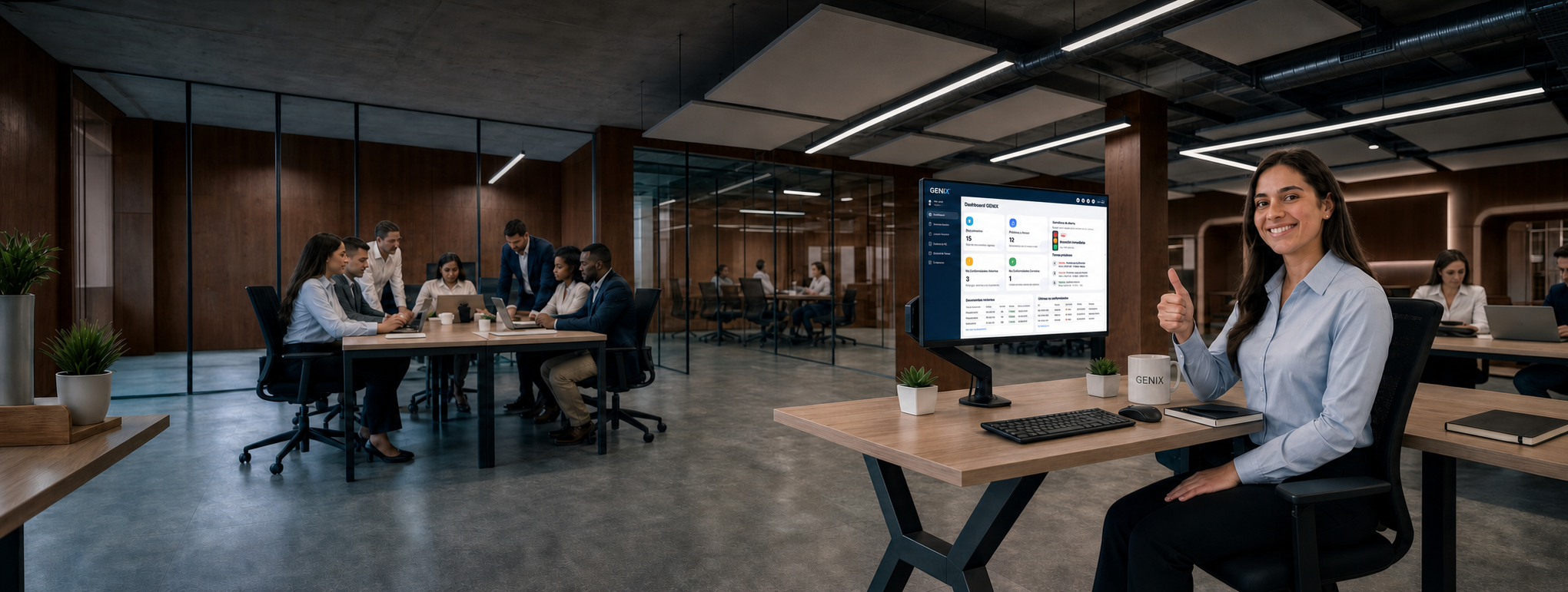 Equipo de trabajo en oficina moderna con el Dashboard GENIX visible